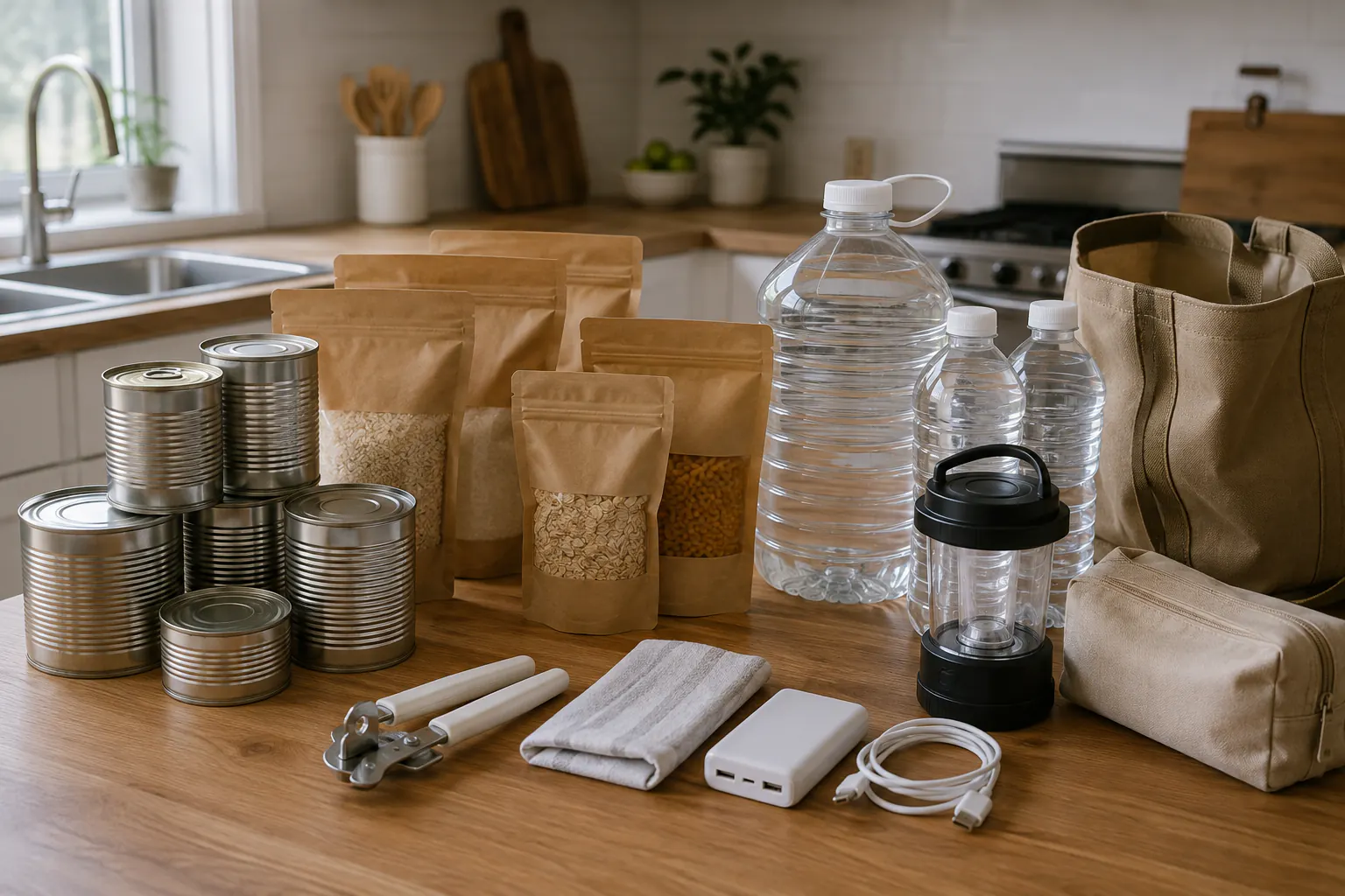 Unbranded canned goods, label-free dry-food pouches, water containers, a lantern, a neutral carry bag, and basic household supplies on a kitchen table.