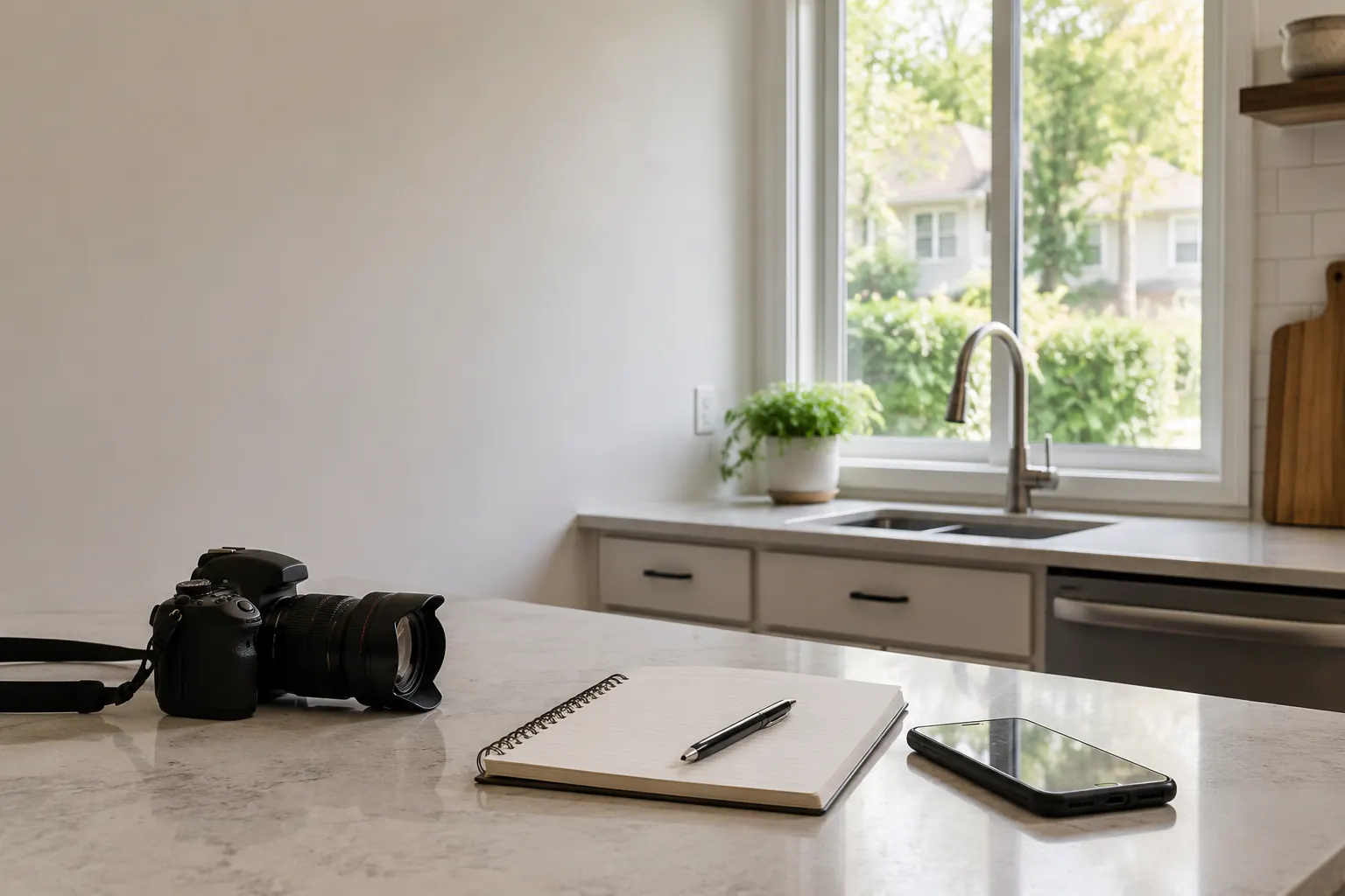 A camera and a blank notebook with a pen on a kitchen counter near a window showing a calm exterior.