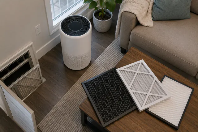 Portable air cleaner and HVAC filters arranged in a living room.