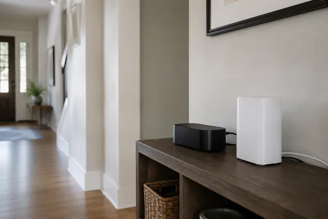 A home router and a small battery backup unit connected on a hallway console table.
