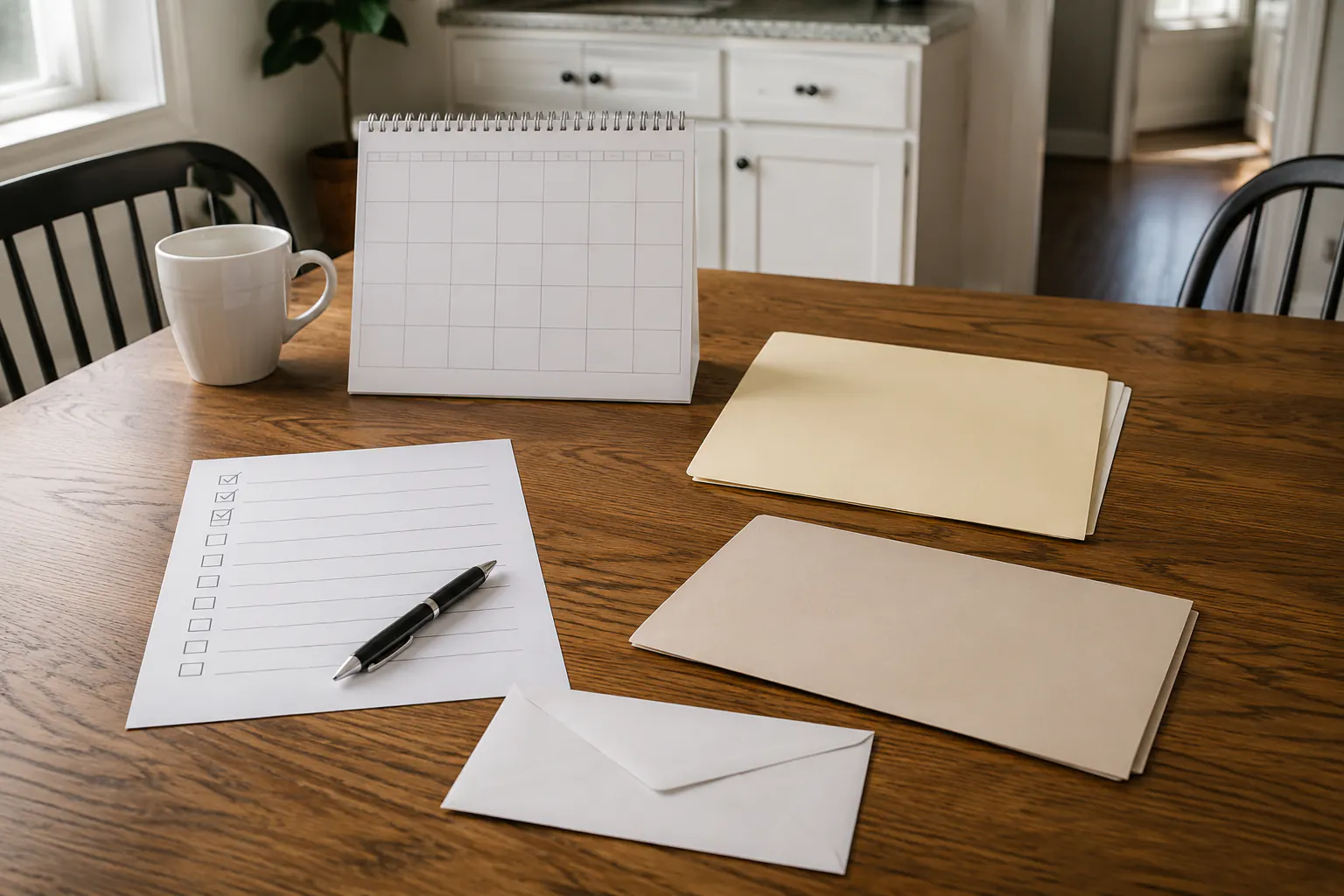 A blank desk calendar, a checklist with ticked boxes, folders, an envelope, and a mug on a kitchen table.