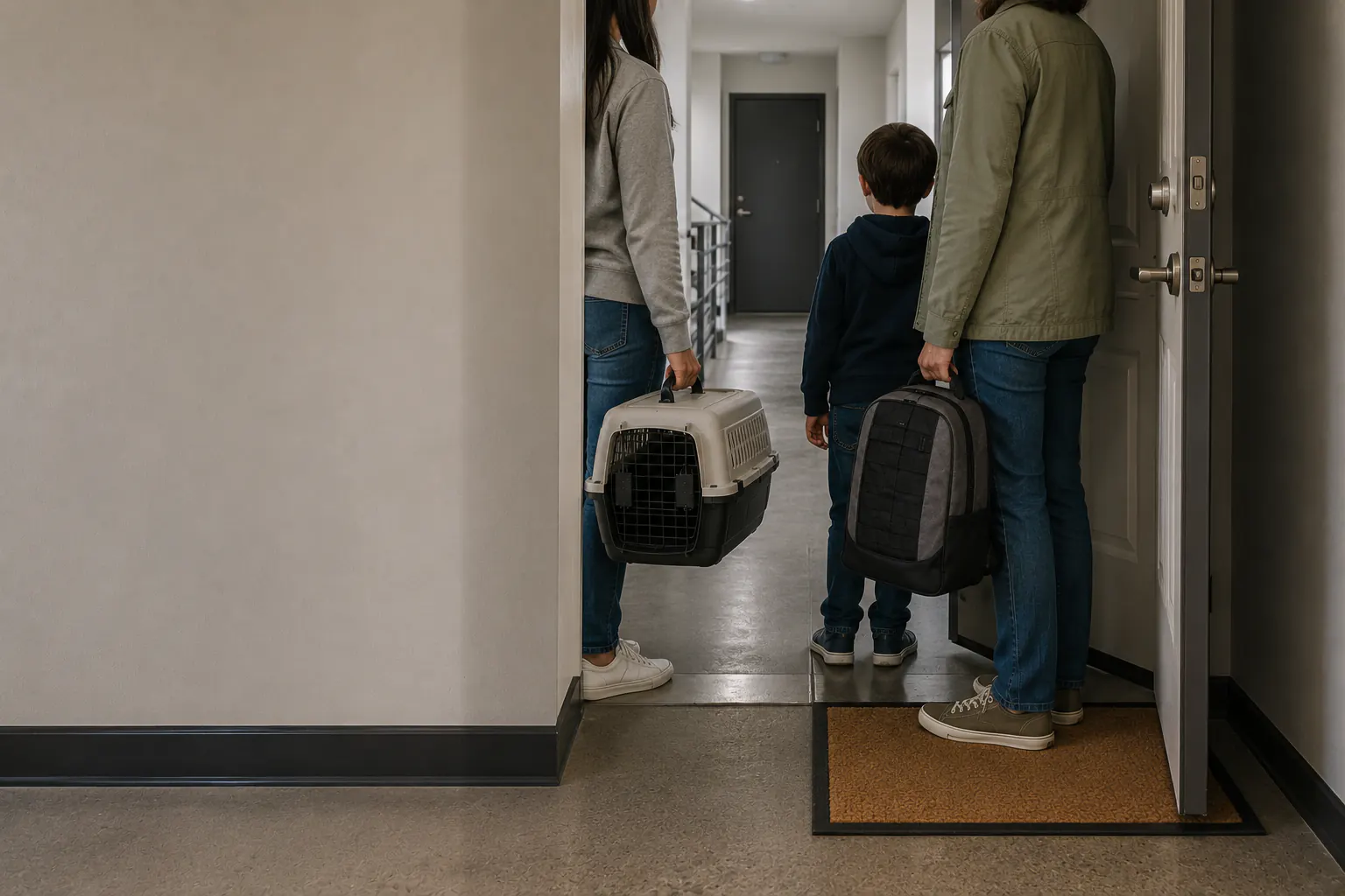 An adult framed below the shoulders at a fully open apartment door holding a small go-bag, with a school-age child seen from behind, during a calm daylight walkthrough.
