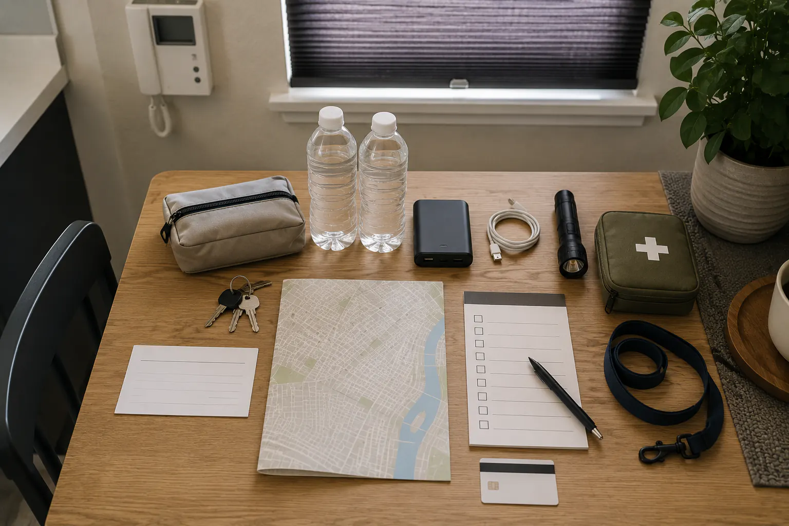 Apartment heat-planning table with water bottles, phone, flashlight, first-aid pouch, keys, a blank map, and checklist.