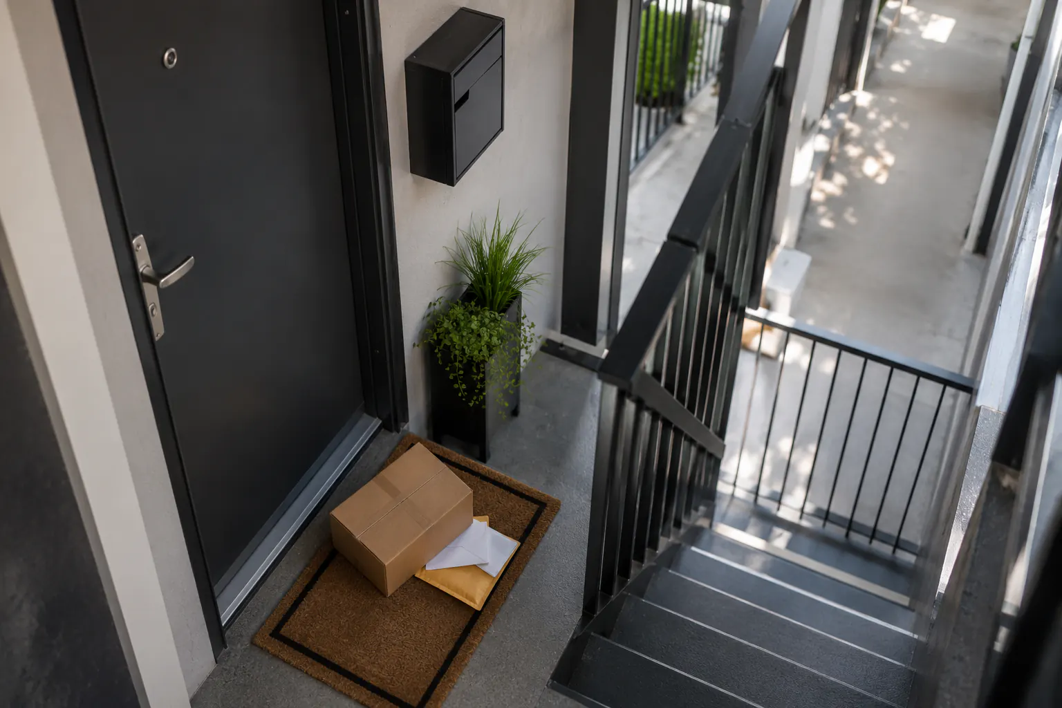 A parcel resting inside an apartment entry alcove with the door partly open, no address label or house number visible.