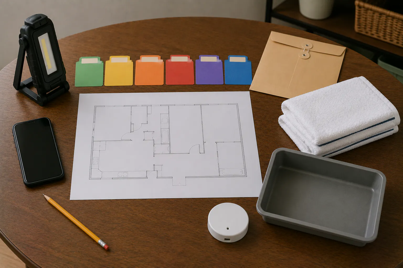 An overhead apartment plumbing-planning workspace with a blank floor-plan outline, text-free color tabs, a pencil, a phone, a switched-off light, an envelope, folded towels, a small tray, and a closed moisture alarm, with no address or valve shown.