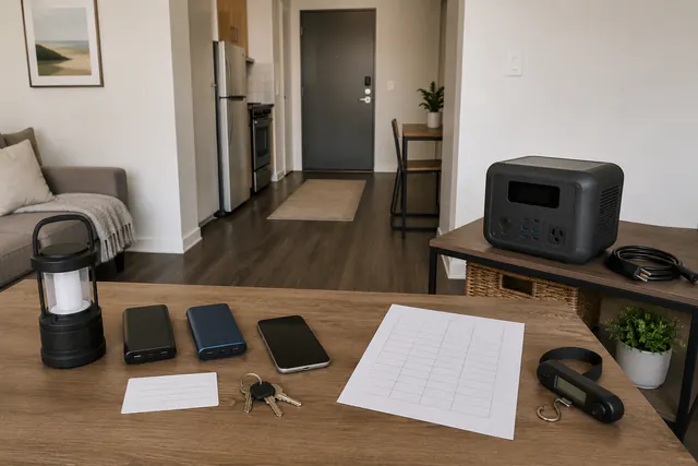 A compact unbranded portable power station switched off with empty ports and a coiled disconnected cable on a shelf, and a nearby table with two USB power banks, a switched-off lantern, a phone, keys, a blank card, a blank grid sheet, and a luggage scale, with the apartment door and exit path clear.