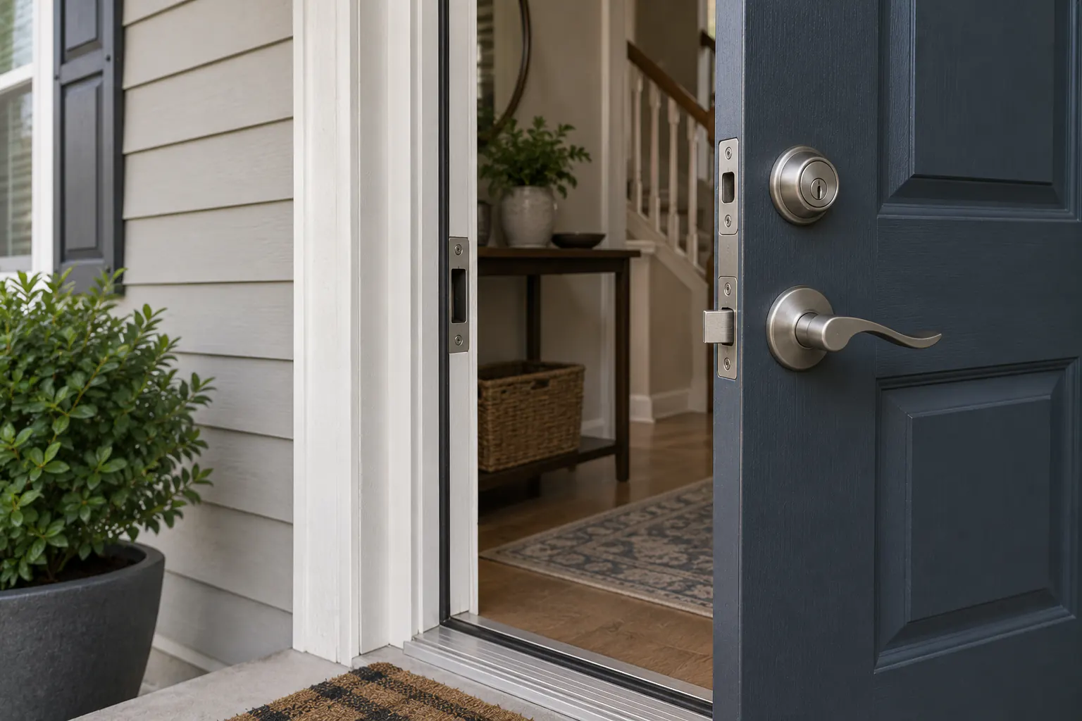 Exterior door edge, frame, and strike area at a home entry.
