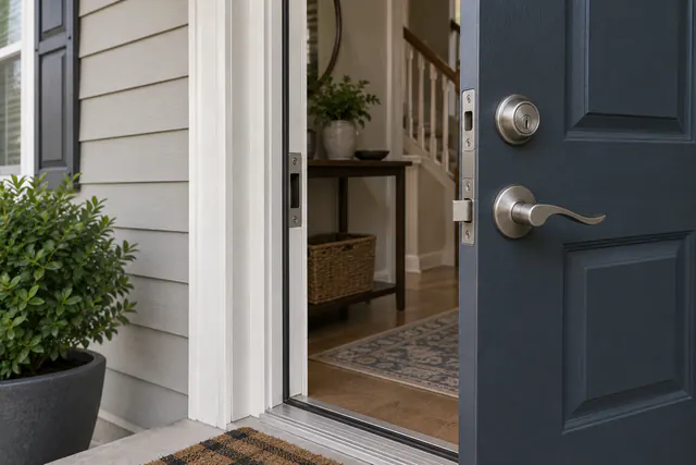Exterior door edge, frame, and strike area at a home entry.