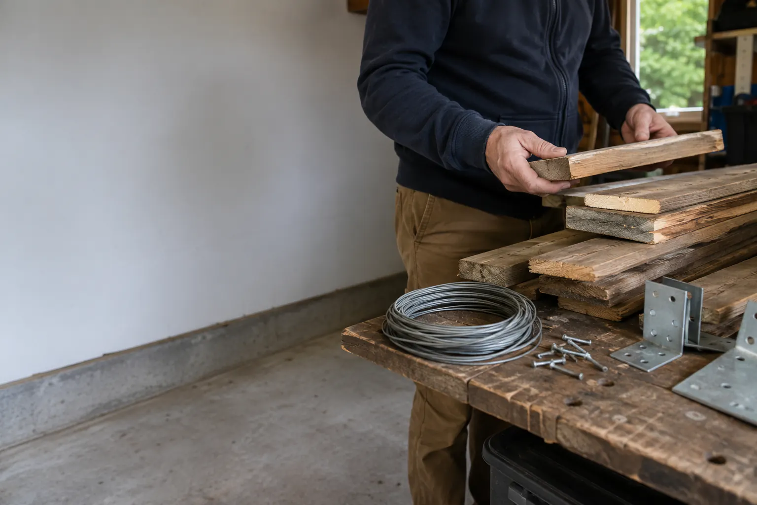 Hands sorting salvaged lumber, brackets, wire, and fasteners on a workbench in an unfinished room.