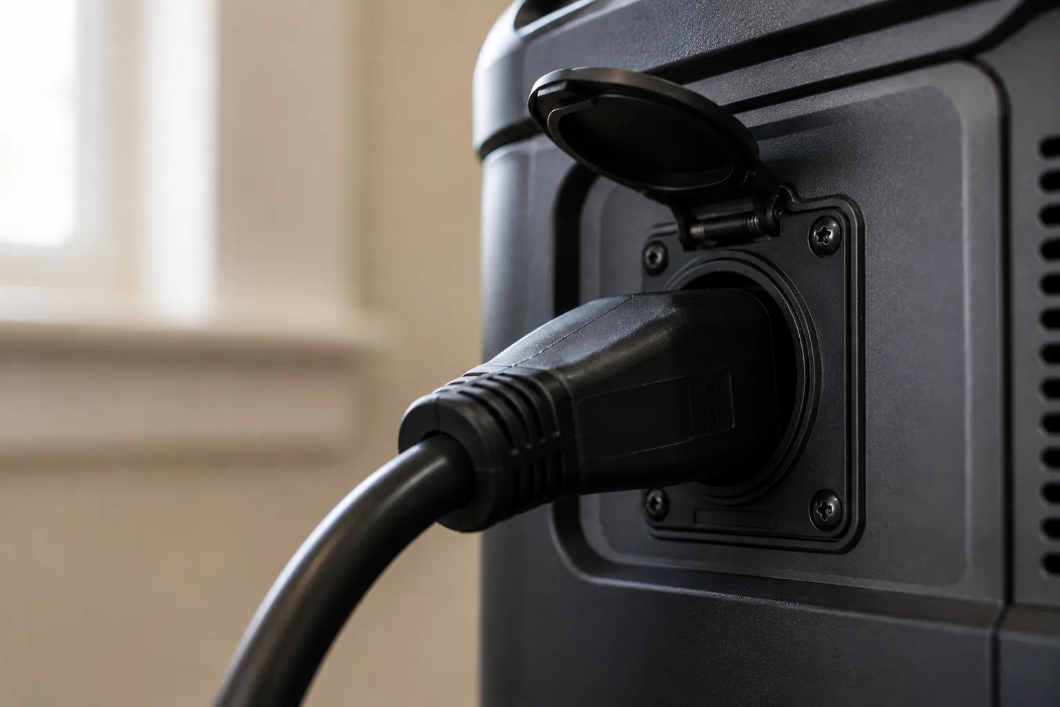 Close view of a cable plugged into a portable power station.