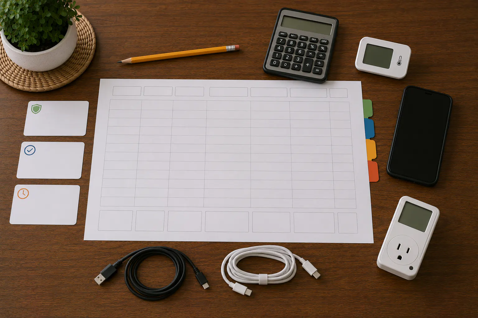 An overhead backup-power calculation workspace with a blank worksheet of unlabeled boxes, blank load cards, a pencil, a blank-display calculator, a switched-off thermometer, a phone, a disconnected plug-in meter, and two coiled cables.