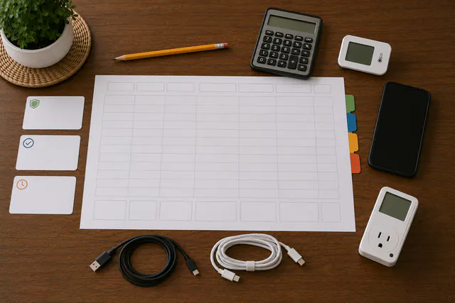 An overhead backup-power calculation workspace with a blank worksheet of unlabeled boxes, blank load cards, a pencil, a blank-display calculator, a switched-off thermometer, a phone, a disconnected plug-in meter, and two coiled cables.