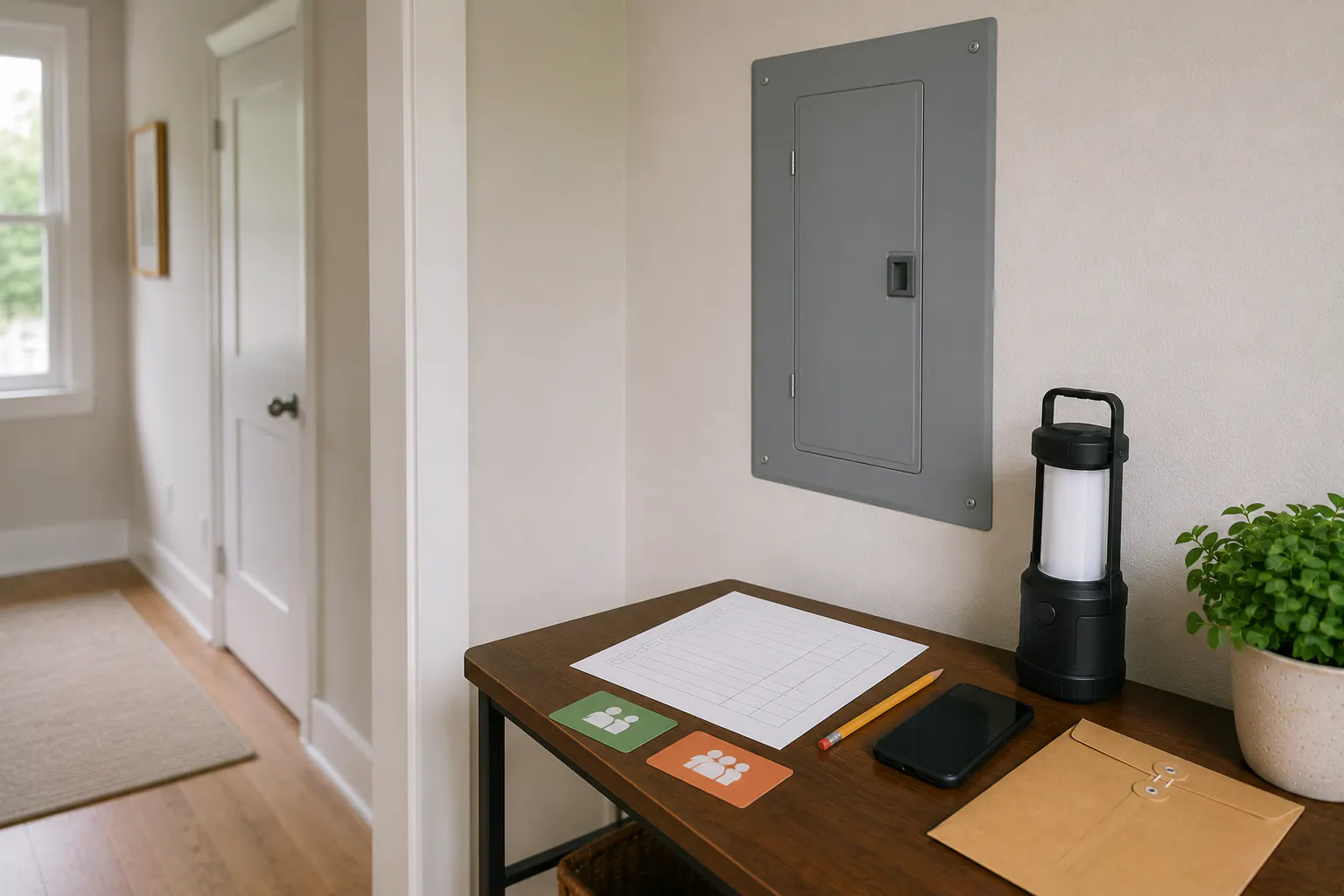 A closed residential electrical panel on a wall several feet from a table holding a blank circuit-map sheet, a pencil, a phone, a switched-off lantern, an envelope, and two contact cards, with a clear floor path.