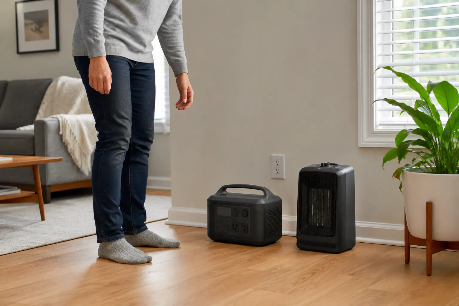 A portable power station beside an unplugged ceramic heater on a wooden floor, with a person standing at a distance.