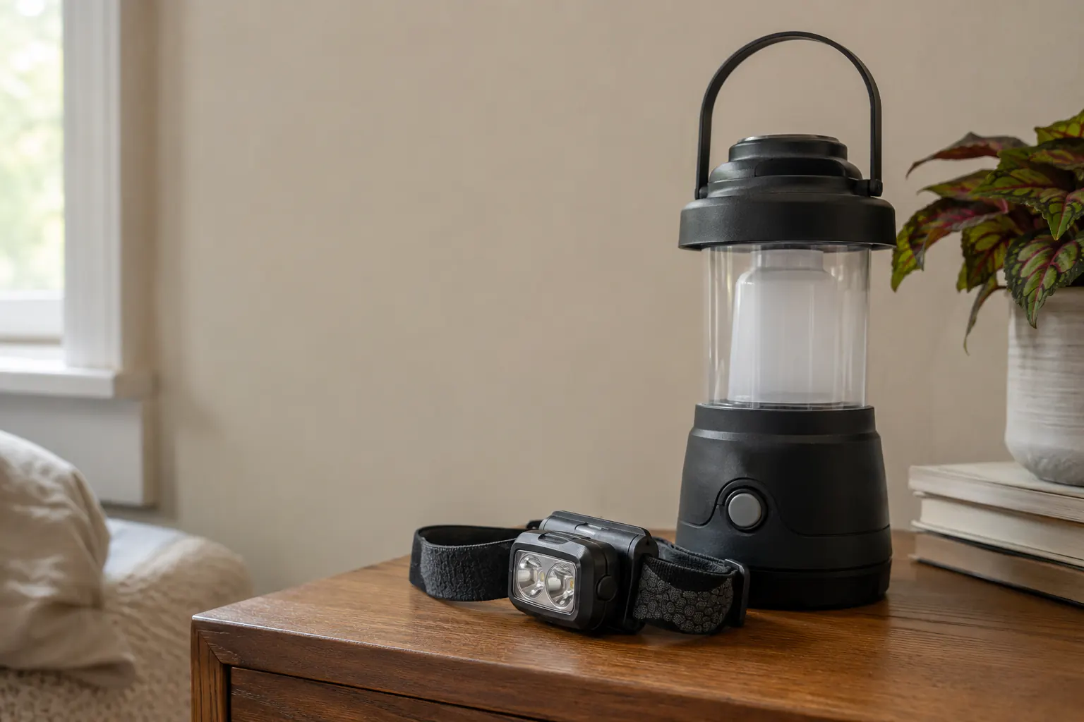 Battery lantern and headlamp on a side table in a home.
