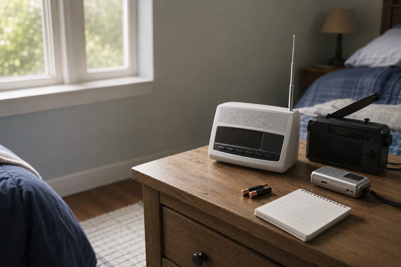 A desktop weather radio with a raised antenna, a hand-crank portable radio, and a pocket radio on a wooden bedside table.