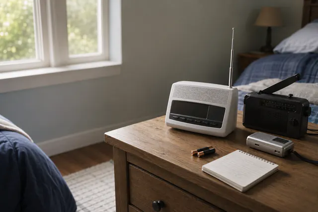 A desktop weather radio with a raised antenna, a hand-crank portable radio, and a pocket radio on a wooden bedside table.