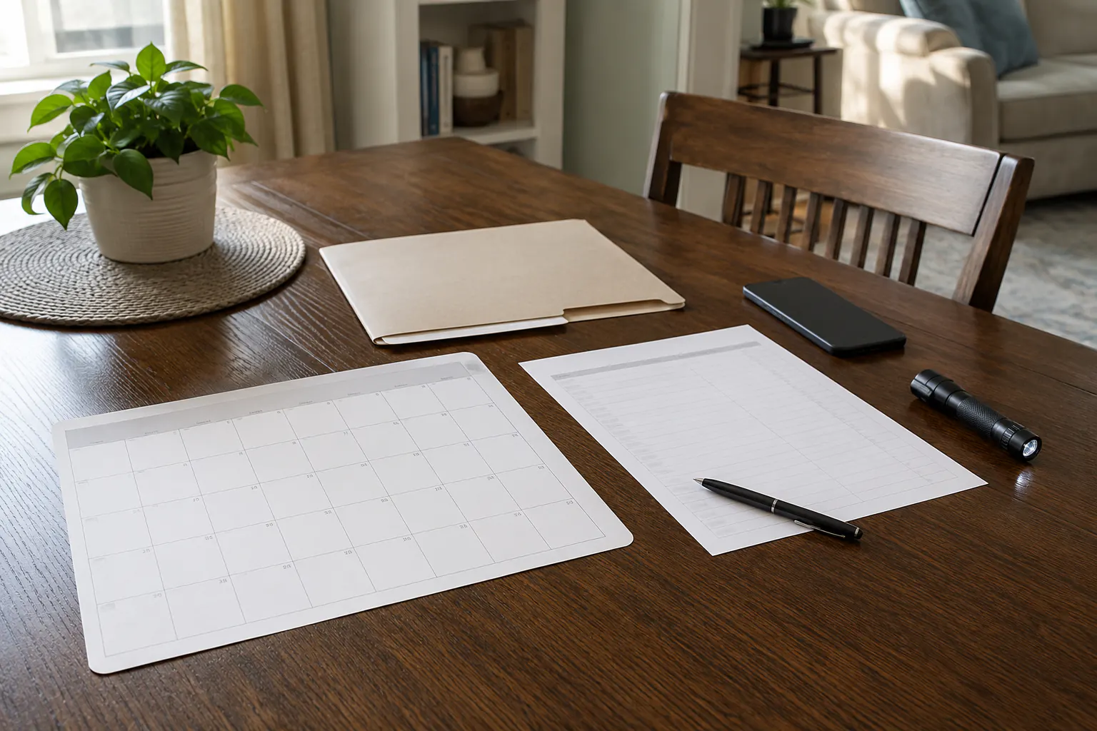 A blank monthly calendar and an empty tracking sheet with a folder, phone, pen, and flashlight on a dining table.