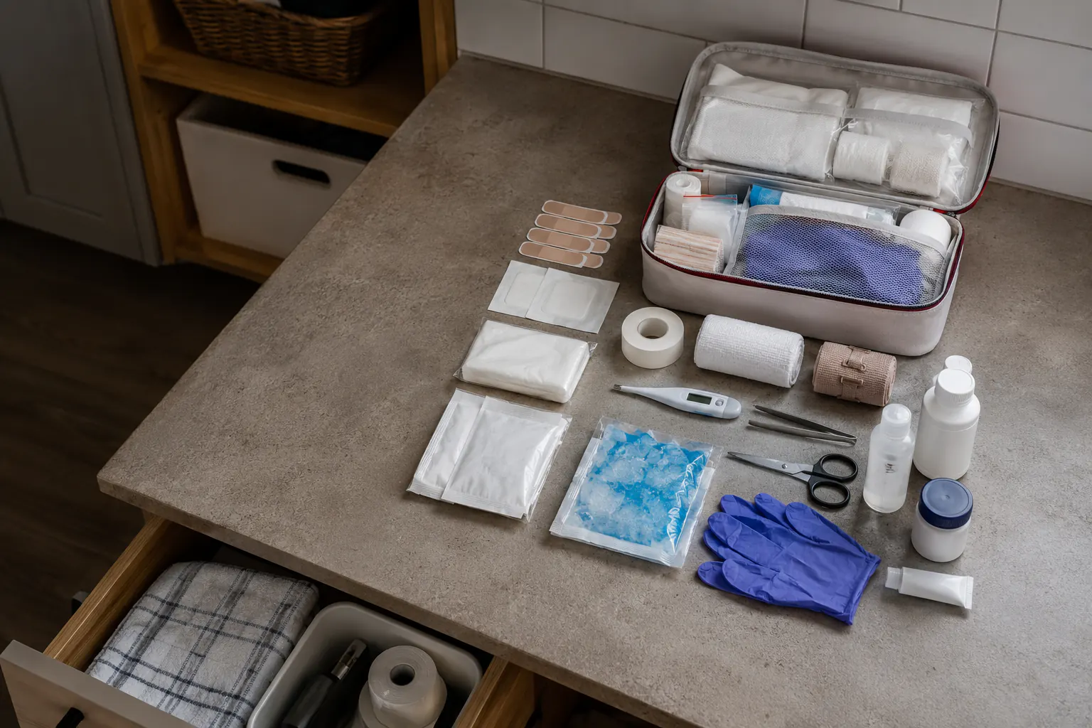 Components of a home first-aid kit laid out on a clean surface before being packed, with no medication, treatment, or person in the scene.