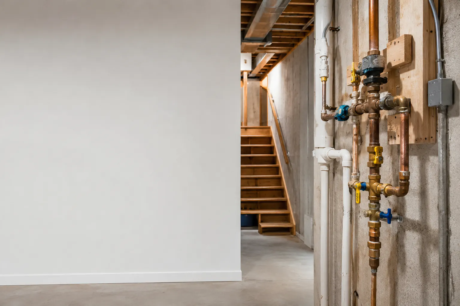 A basement utility area with exposed plumbing, a wet floor, a bucket, towels, and a shutoff valve.