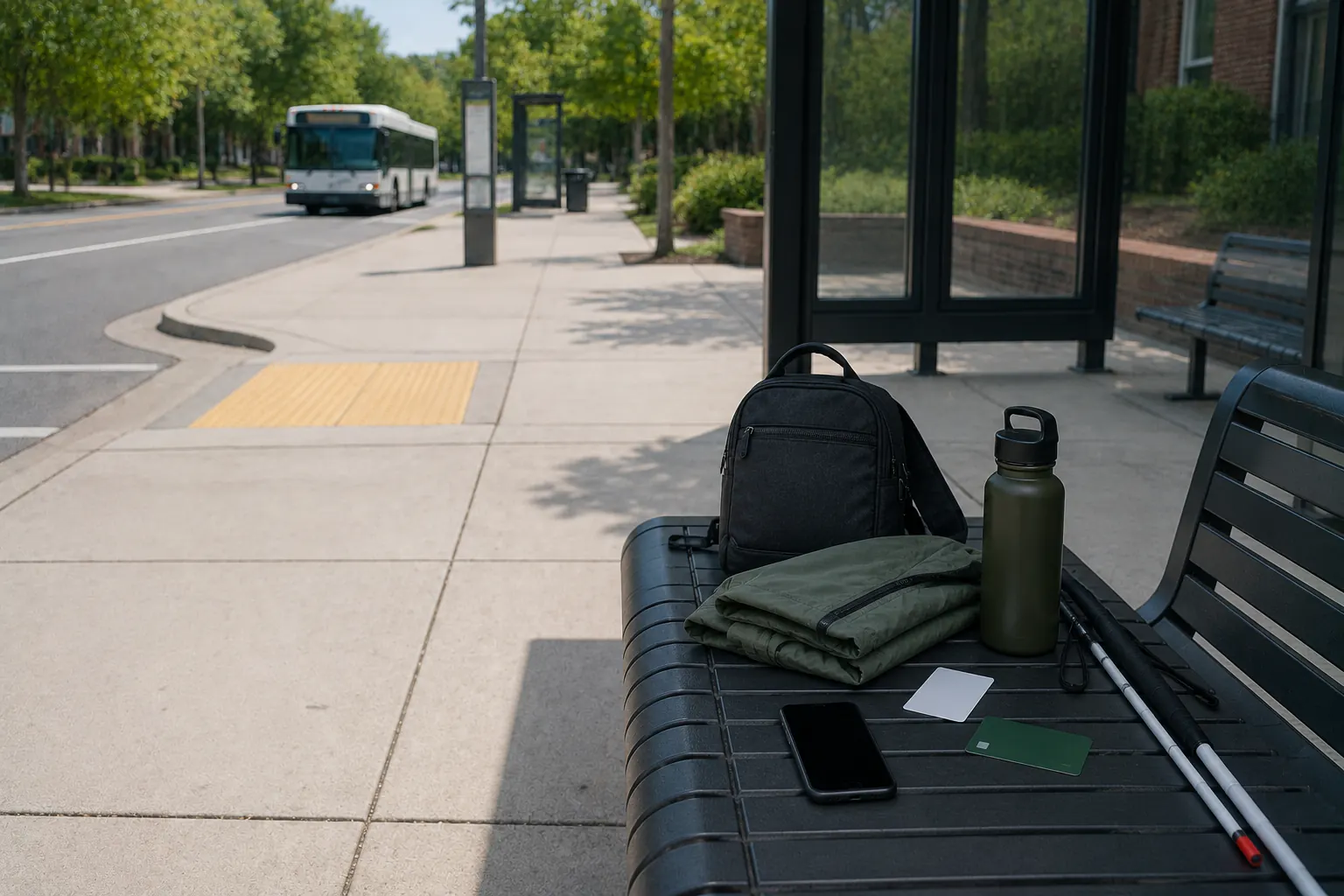 A calm accessible transit stop with a clear curb ramp and level sidewalk, an unbranded shelter and empty bench holding a travel bag, a folded jacket, a water bottle, a phone, a blank contact card, a transit card, and a folded white cane; a bus is far in the background.