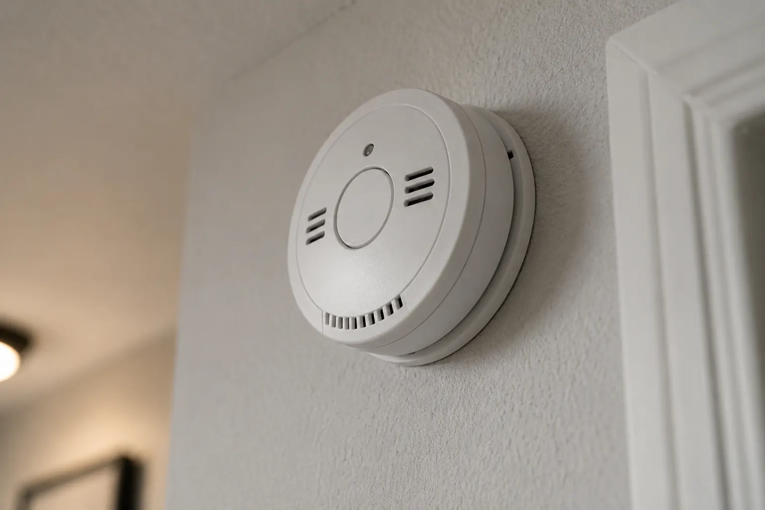 Carbon monoxide detector mounted on a hallway wall near a bedroom doorway.