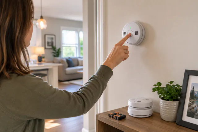 Person pressing the test button on a carbon monoxide detector mounted on a wall.