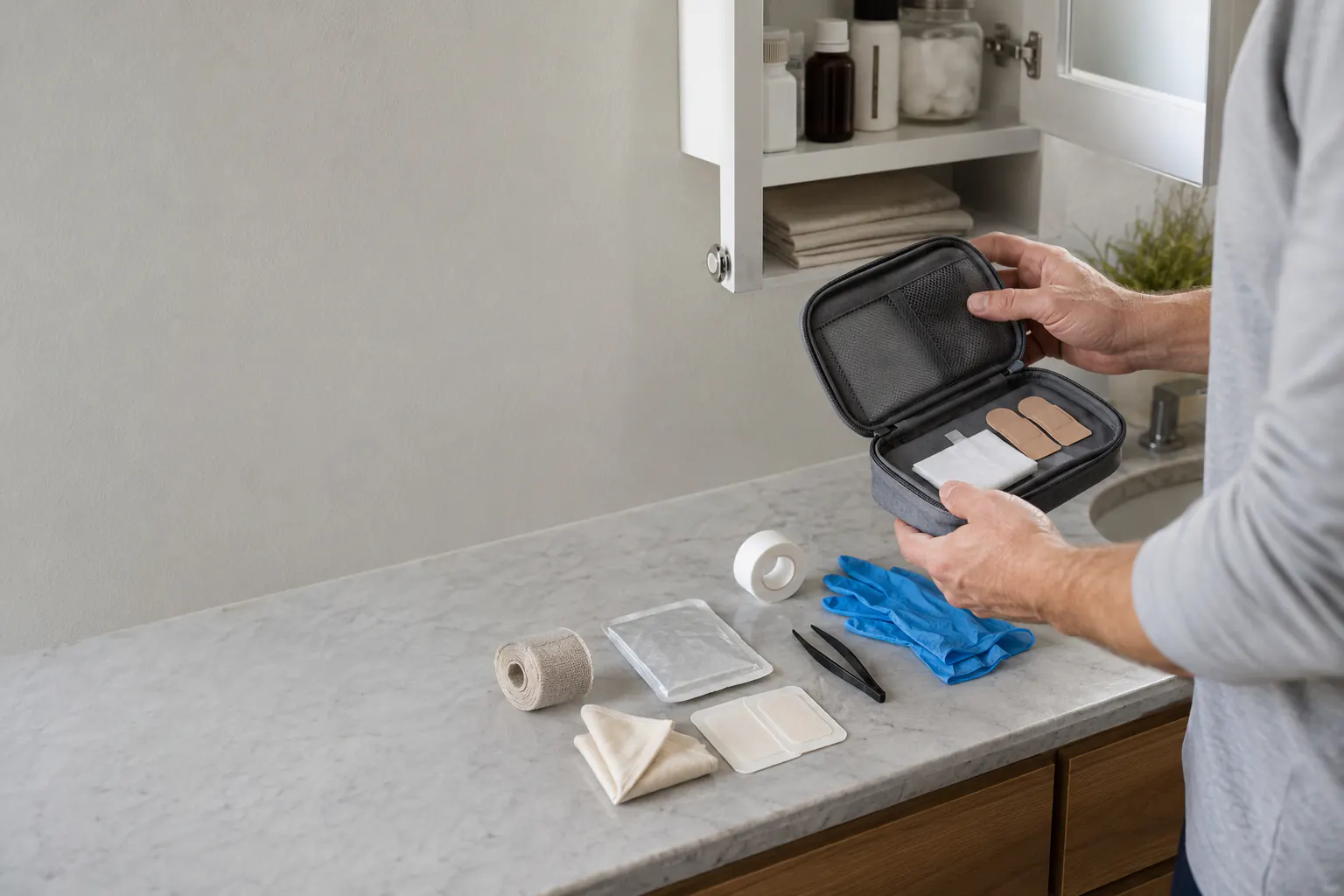 A basic pre-made first-aid kit opened on a table beside the gaps it leaves, with no medication or treatment shown.