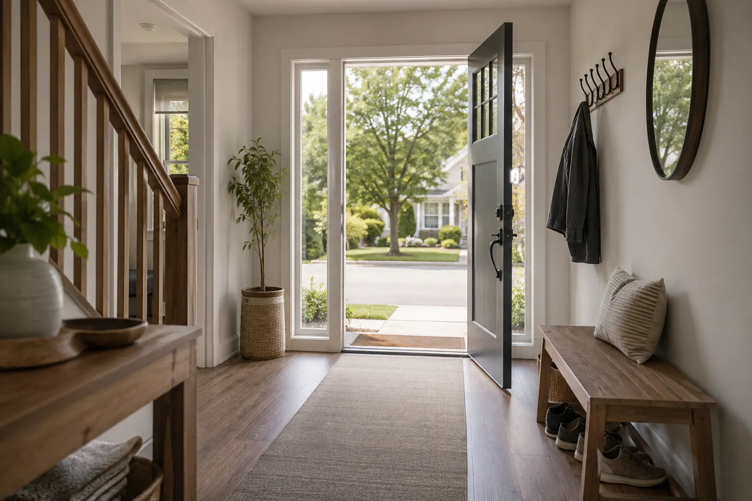 An entry hall with an open front door, a clear walkway, a bench, and coat hooks on a calm residential street.