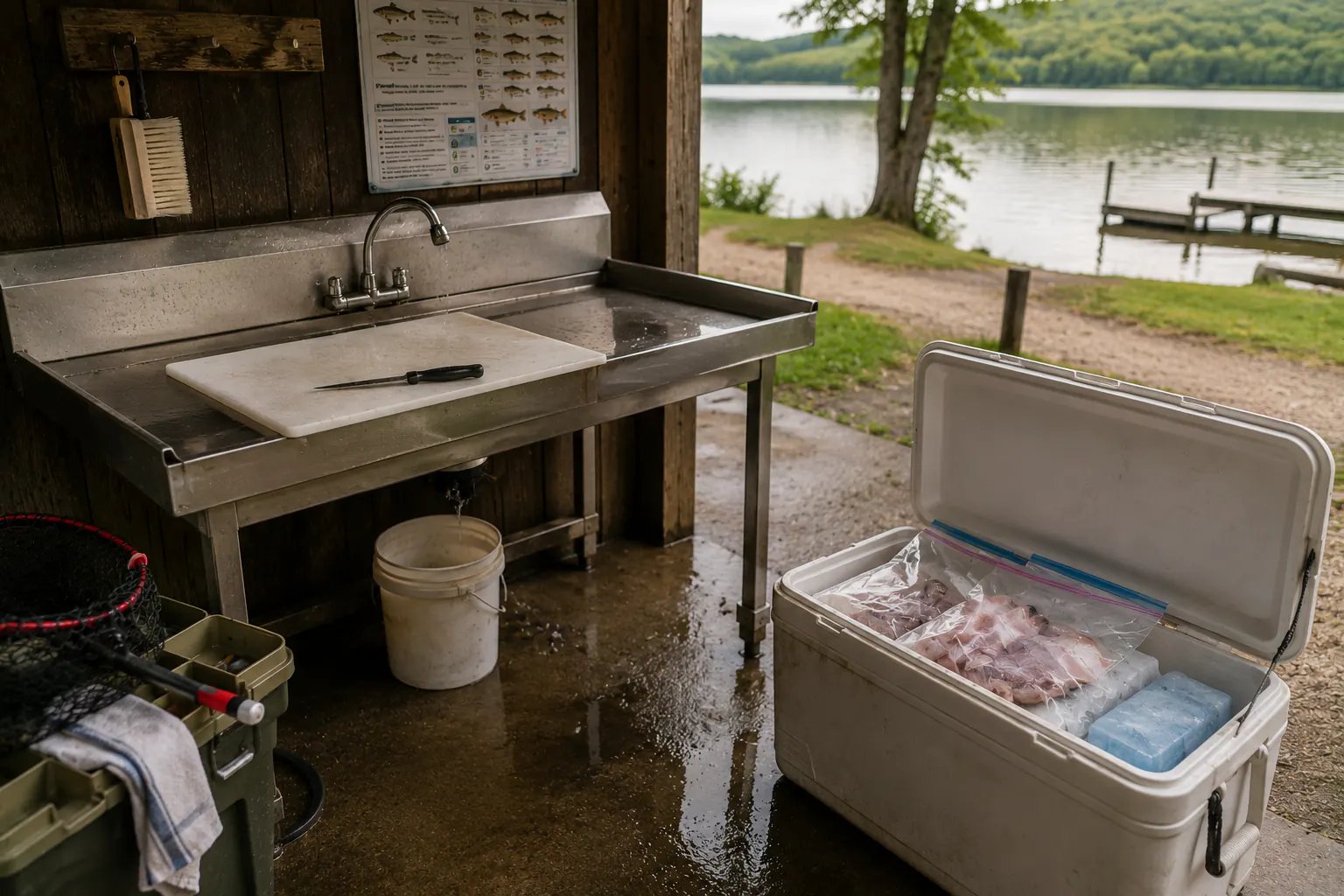 An open hard cooler holding several fish beside a lakeside window.