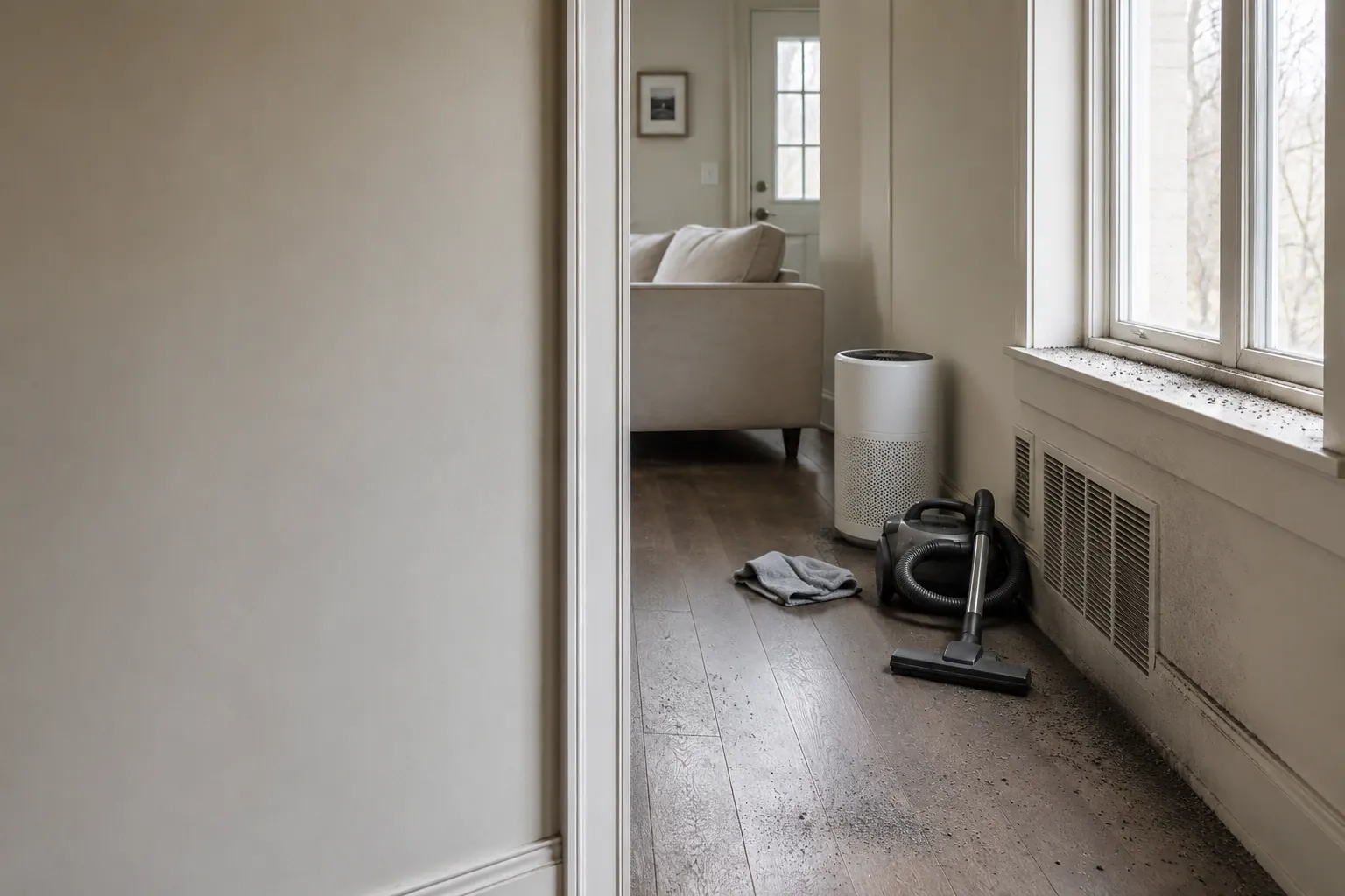 A closed window and a sealed interior room after wildfire smoke, with an air cleaner running and no ash disturbance or person shown.