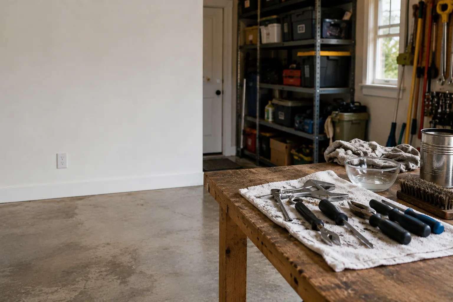 Hand tools laid out on a cloth beside a utility sink and shelves in a workshop.