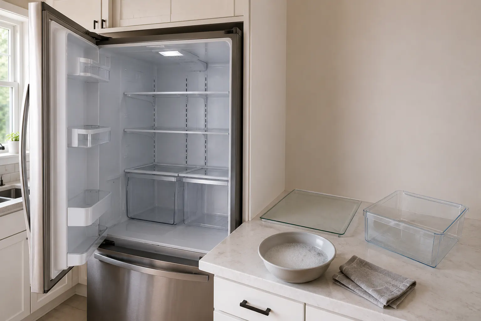 An empty open refrigerator with a removed shelf and drawer on the counter beside a bowl of soapy water and a cloth.