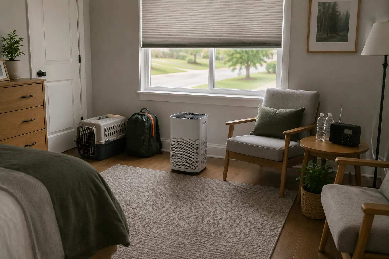 Bedroom with a portable air cleaner in open floor space, closed window shade, pet carrier, evacuation bag, radio, and water.