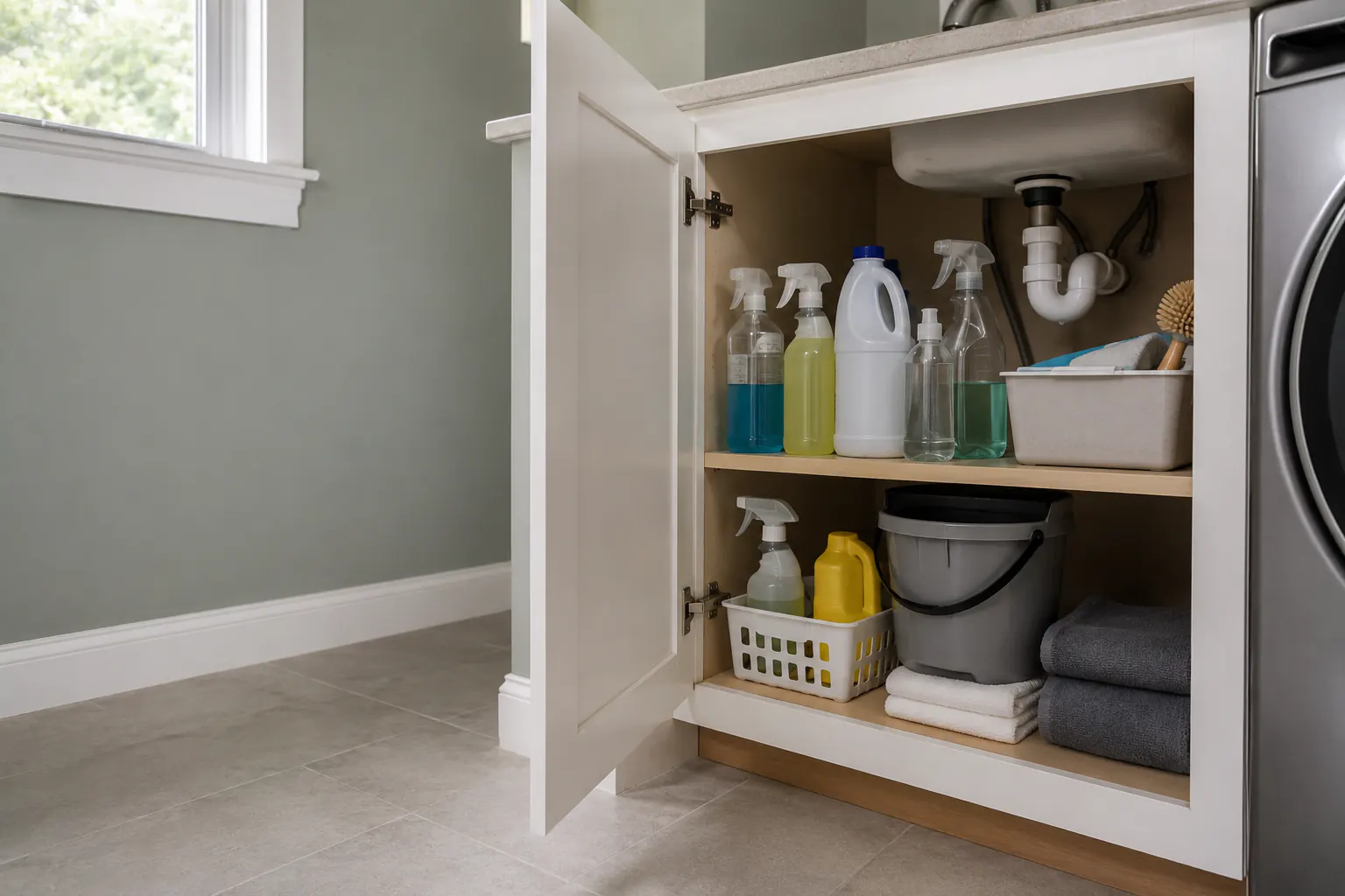 Two closed household cleaning bottles kept well apart on a counter with blank labels, no pouring, mixing, or fumes shown.