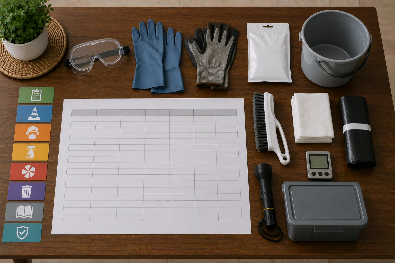 An overhead comparison of unused generic cleanup categories on a dry table — goggles, waterproof and work gloves, a closed respirator package, a bucket, a brush, disposable towels, heavy bags, a switched-off monitor, and a lidded bin — with a blank matrix and symbol cards.