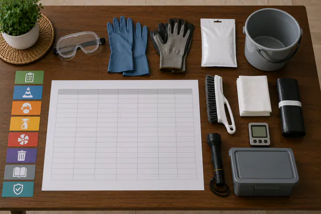 An overhead comparison of unused generic cleanup categories on a dry table — goggles, waterproof and work gloves, a closed respirator package, a bucket, a brush, disposable towels, heavy bags, a switched-off monitor, and a lidded bin — with a blank matrix and symbol cards.