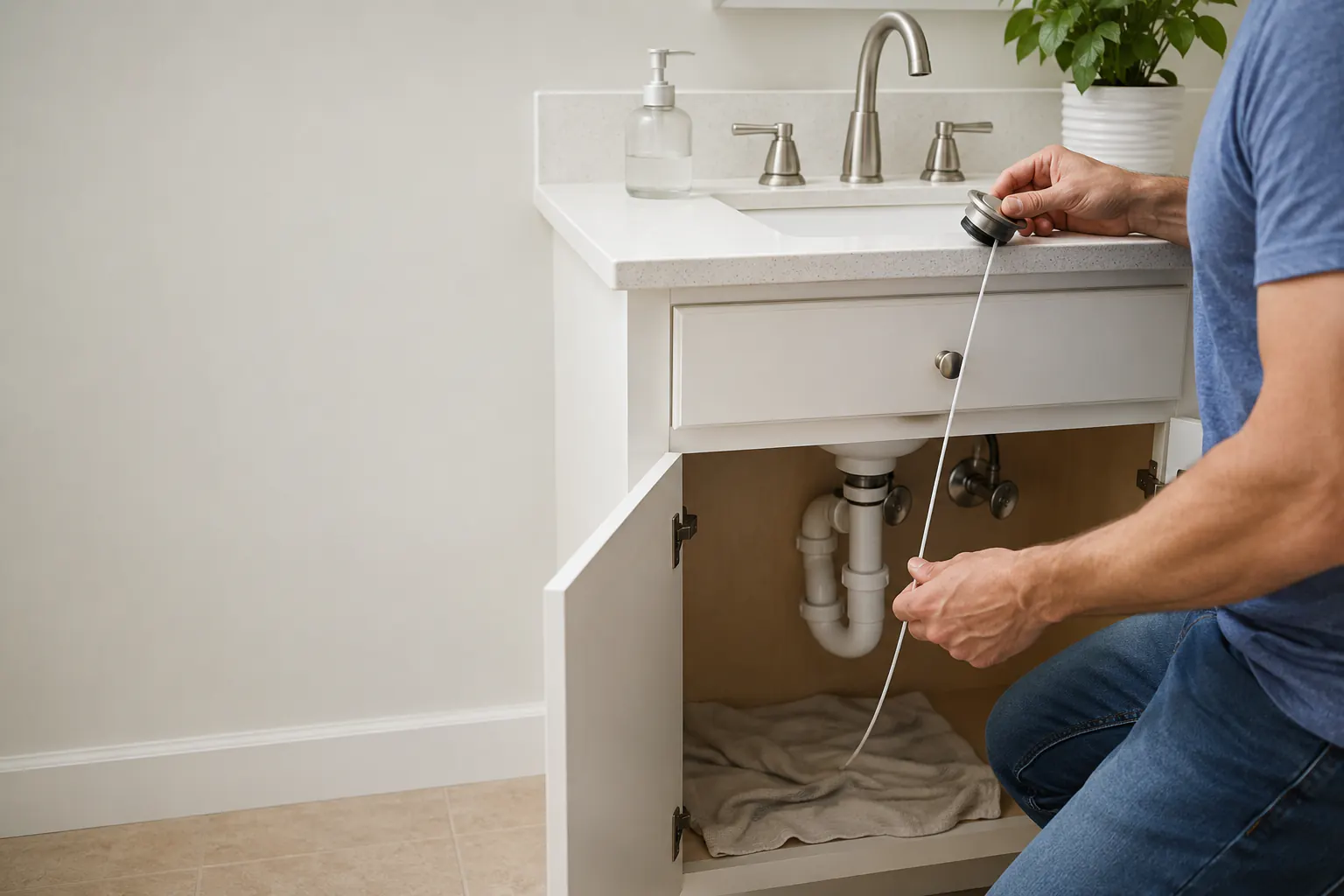 A person using a hand drain snake beneath an open bathroom sink cabinet.