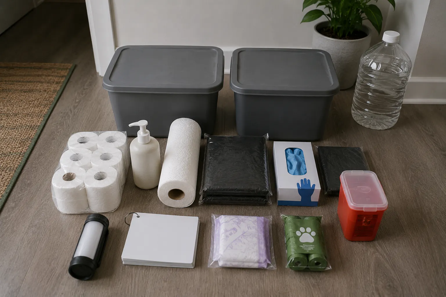 A compact apartment sanitation kit on the floor beside two lidded storage bins: sealed toilet paper, soap, heavy-duty bag packages, boxed gloves, paper towels, a task light, blank cards, sealed menstrual supplies, sealed pet-waste bags, and one closed generic rigid sharps container; a water container sits apart.