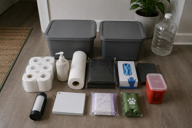 A compact apartment sanitation kit on the floor beside two lidded storage bins: sealed toilet paper, soap, heavy-duty bag packages, boxed gloves, paper towels, a task light, blank cards, sealed menstrual supplies, sealed pet-waste bags, and one closed generic rigid sharps container; a water container sits apart.