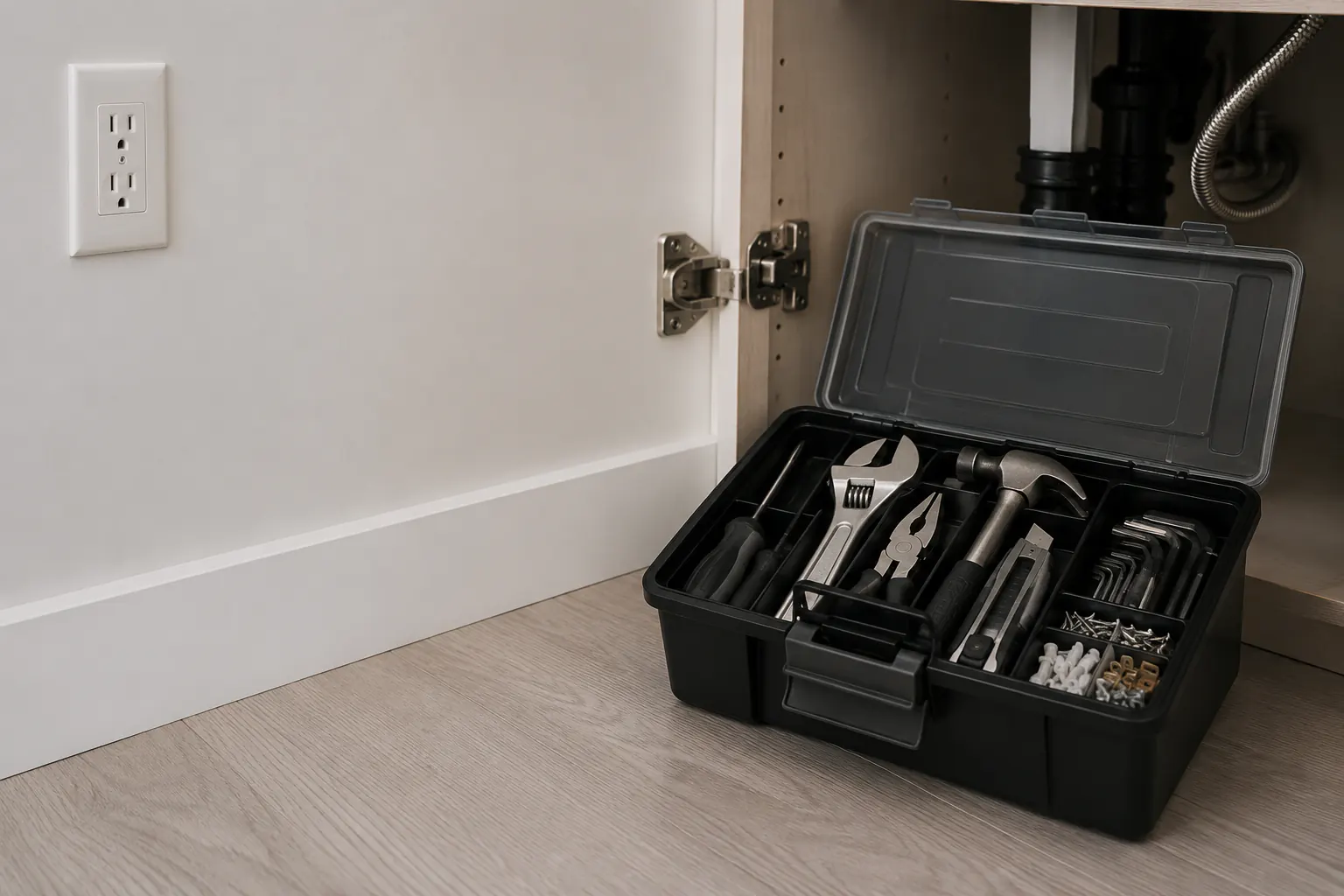 A compact black toolbox filled with hand tools beside a bright apartment window.