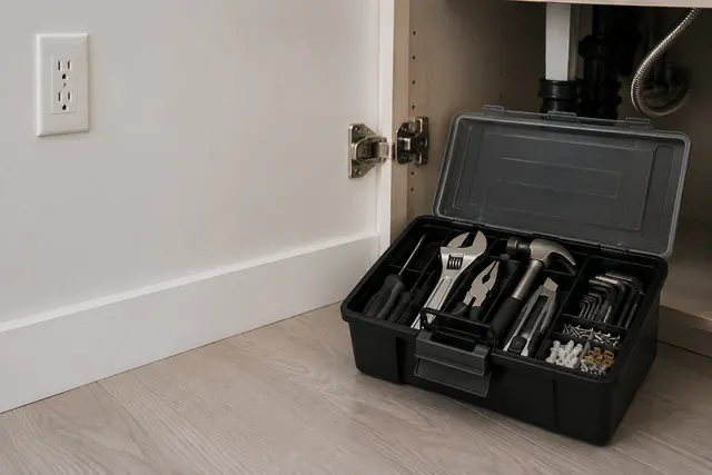 A compact black toolbox filled with hand tools beside a bright apartment window.