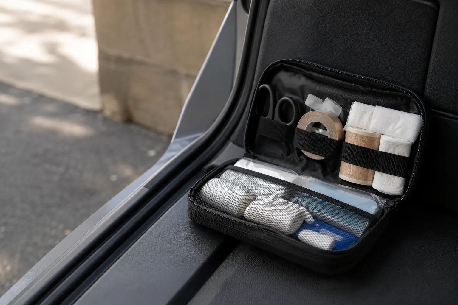 A compact first-aid pouch sized for an apartment shelf or a vehicle, closed and unbranded, in a tidy everyday setting.
