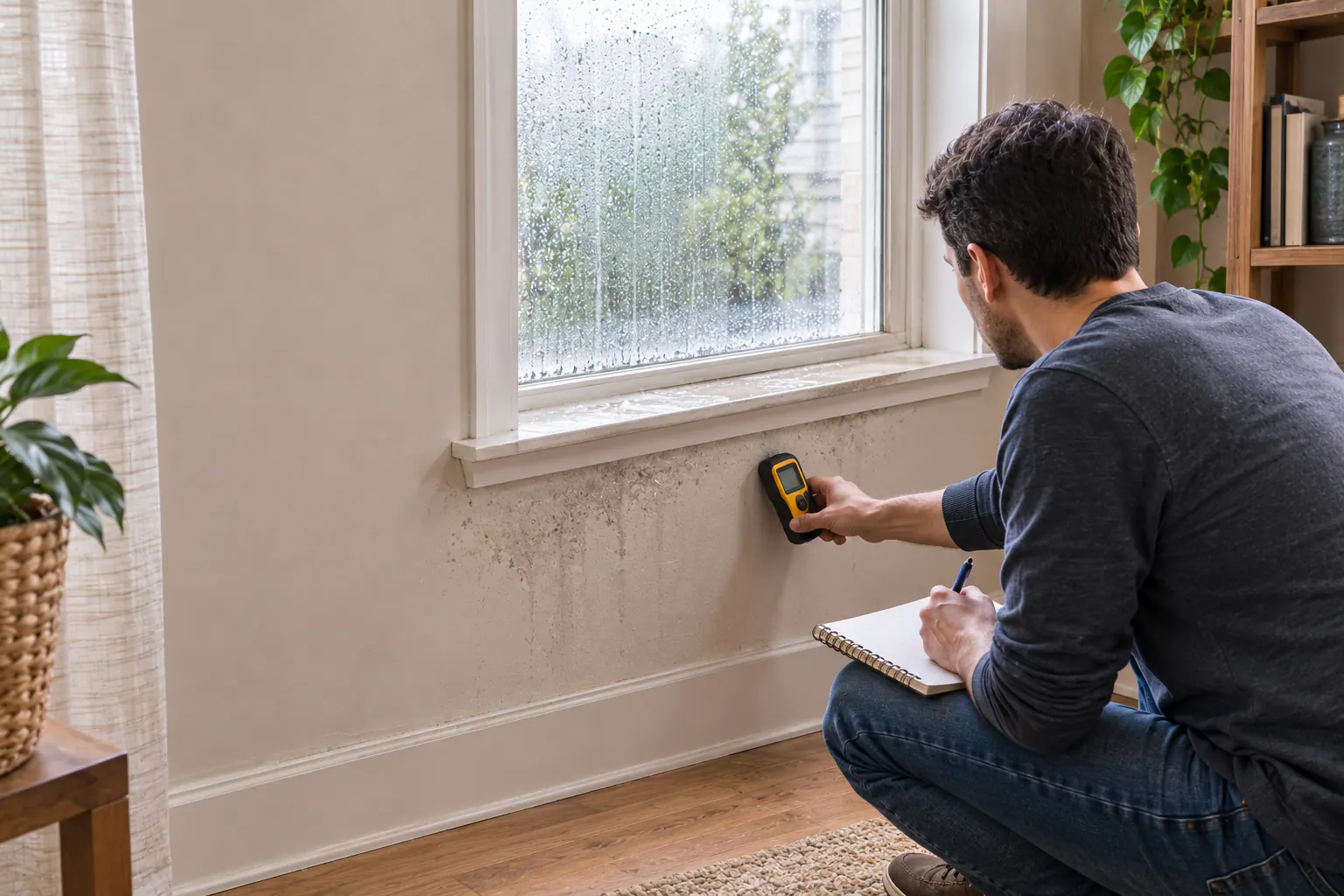 A person using a handheld meter near a stained interior wall below a window.