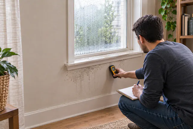 A person using a handheld meter near a stained interior wall below a window.