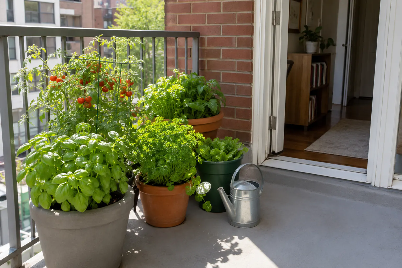 A sunny apartment balcony with pots of cherry tomatoes, basil, parsley, and lettuce and a small watering can, an open door to the interior keeping the exit clear.
