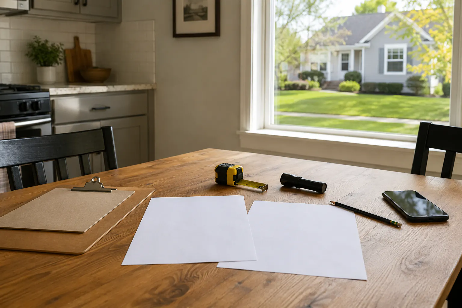 Two blank estimate sheets, a clipboard, a tape measure, a switched-off flashlight, a pencil, and a phone on a kitchen table, an ordinary well-kept home visible through the window.