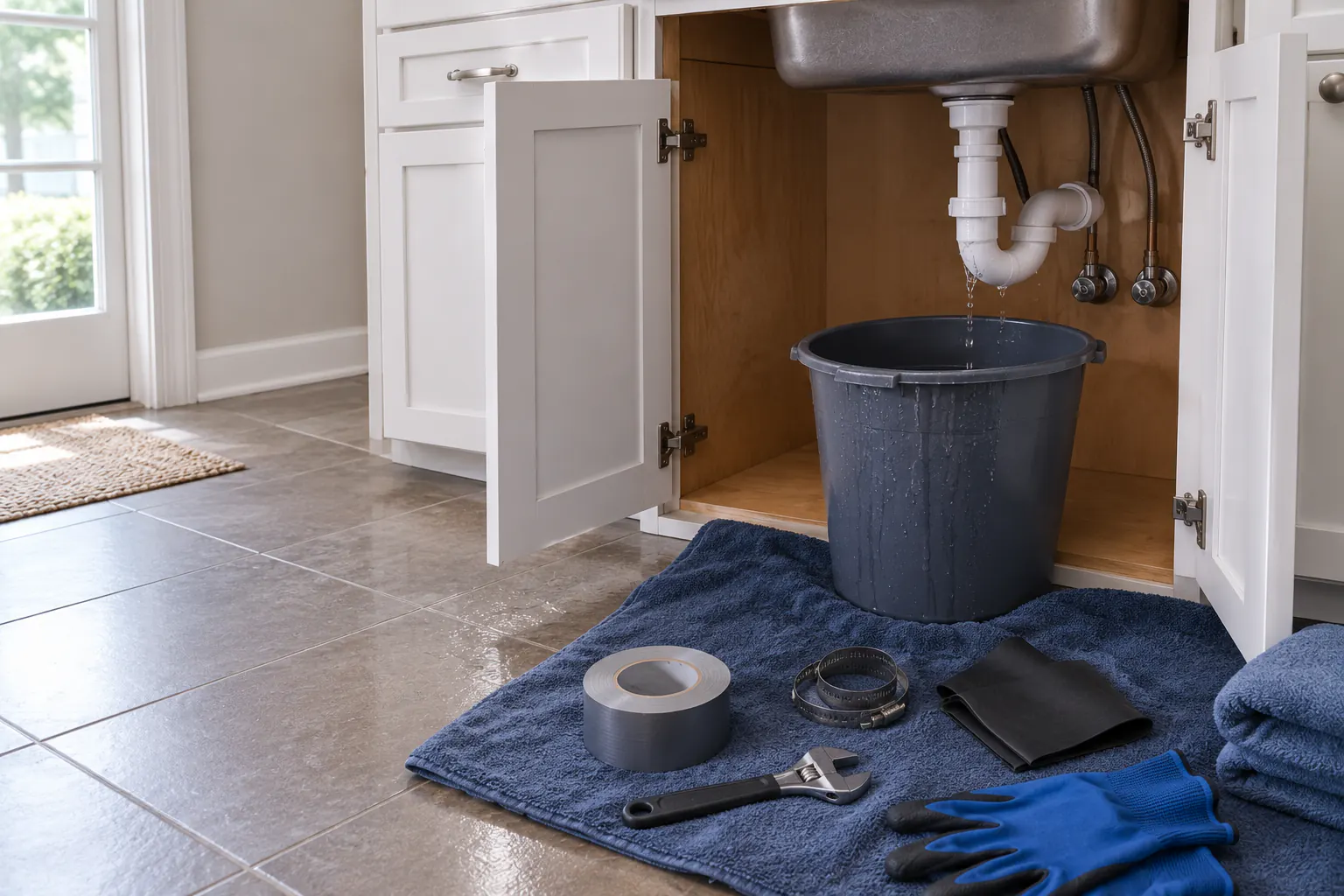 A bucket and towels placed under a stopped pipe joint in a utility space, with no active leak, tool work, or repair shown.