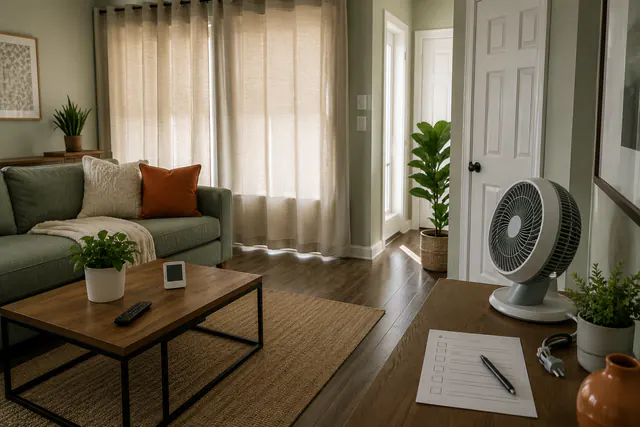 Shaded living room with a fan, indoor thermometer, and planning sheet arranged for hot weather.