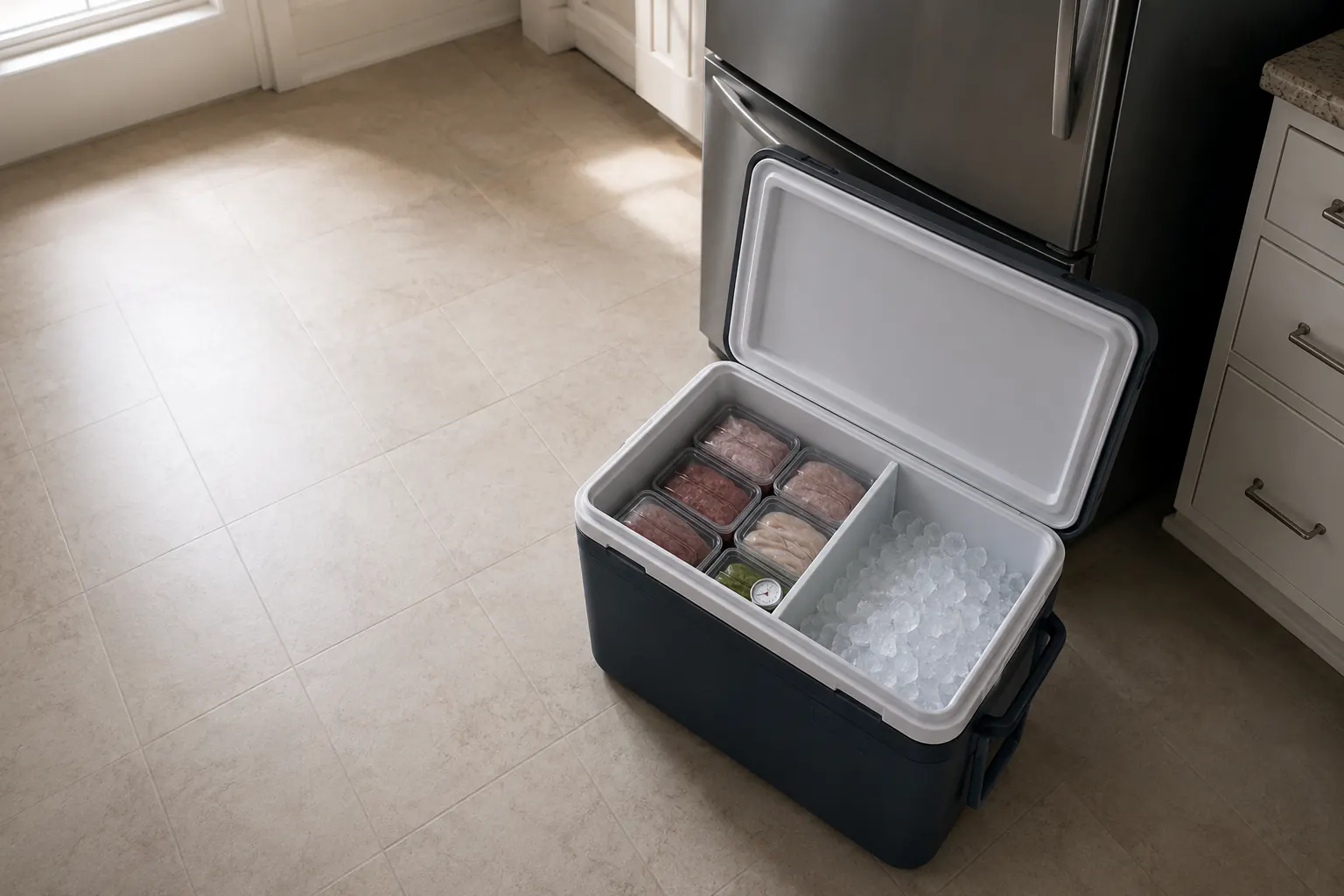 An open cooler beside a refrigerator with sealed containers of raw meat separated from a compartment of ice, and a thermometer inside.
